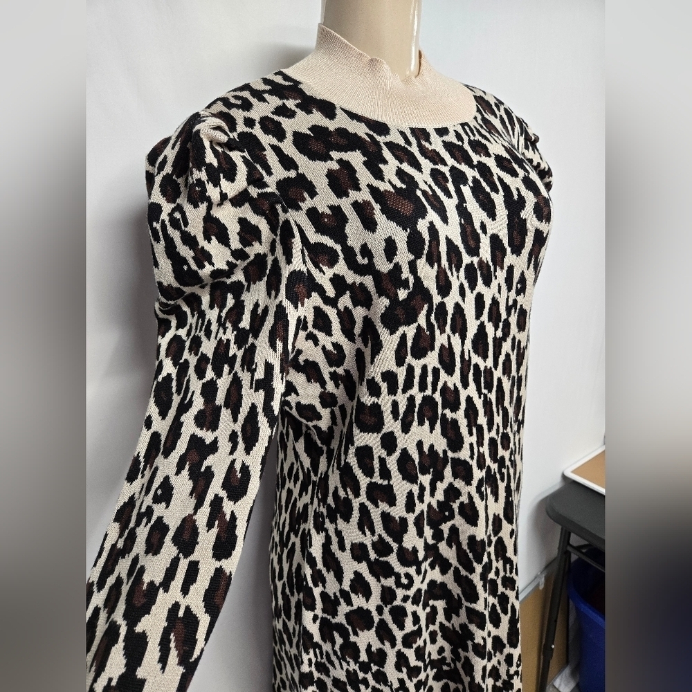 Just Taylor XL Dress Knit Pleated Shoulder Puff Mock Neck Leopard Print - Picture 2 of 10